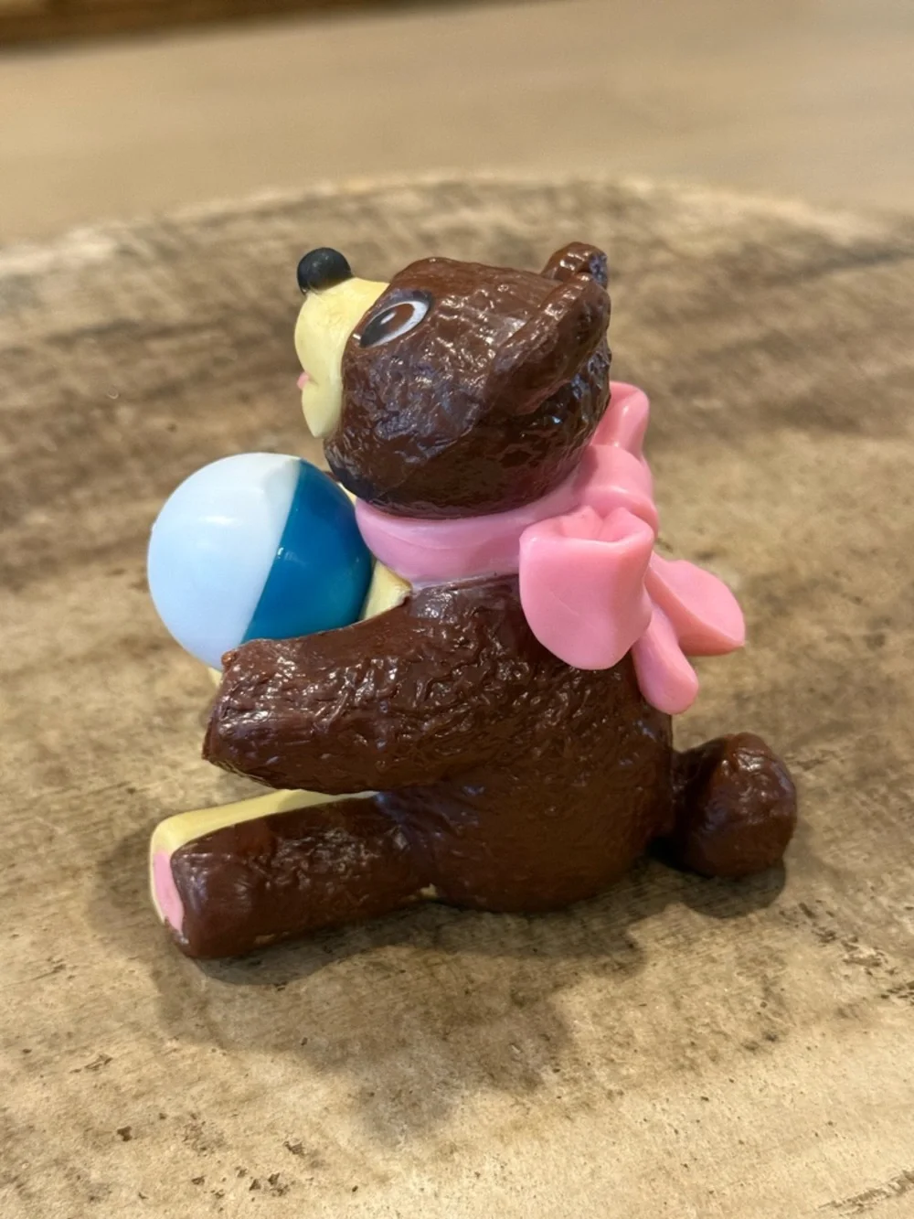 Vintage Brown and Pink Bear Toy Figure with Ball Cake Topper